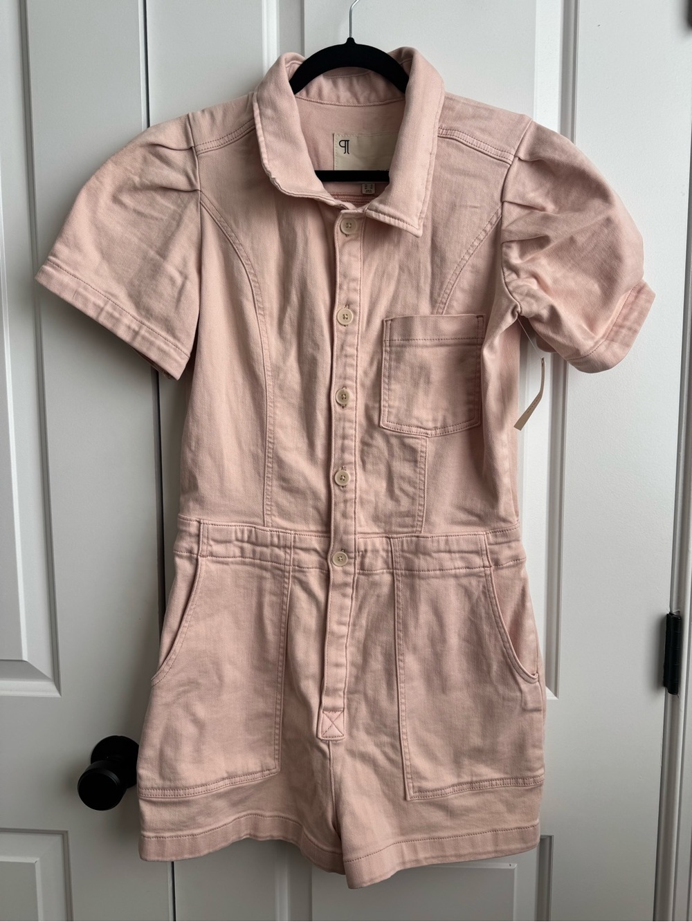 NWT Anthropologie Pilcro Pink Denim Puff Sleeve Kit Utility Romper 12